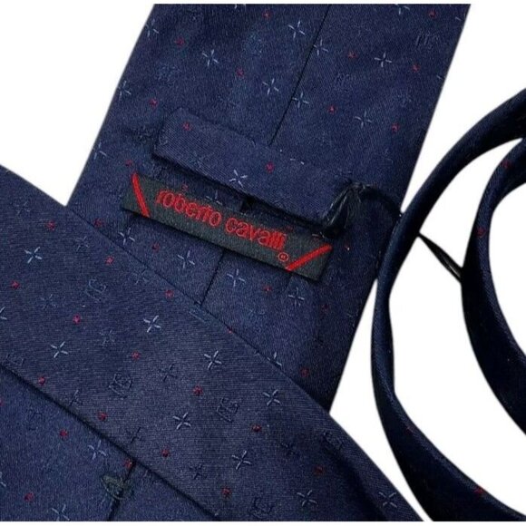 NWT ROBERTO CAVALLI Men's Silk Tie LUXURY Navy Geometric Monogram Logo W:3.7" - Picture 2 of 6